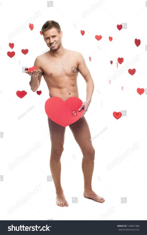 Young Cheerful Caucasian Funny Naked Man Holding Big Red Paper Heart Isolated On White