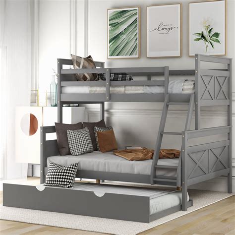 Euroco Wood Twin Over Full Bunk Bed With Trundle For Kids And Adults