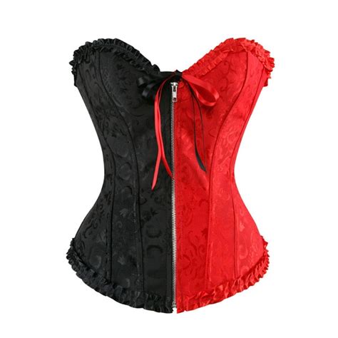 sexy zip front overbust corset lace up boned shaperwear bustier jacquard floral push up clubwear