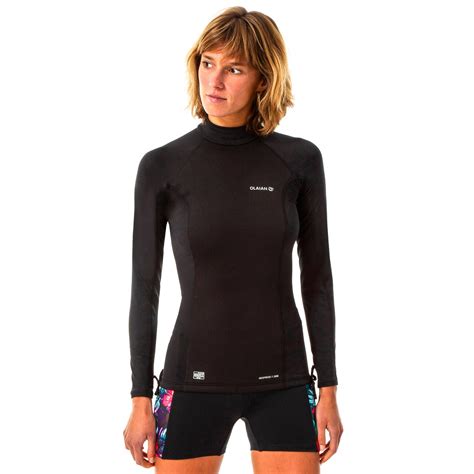 Top Camiseta Proteción Solar Playa Surf Olaian Mujer Negroazul Petróleo