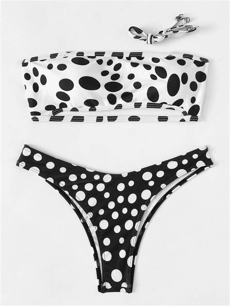 white and black dot print bandeau swimsuit with high leg bikini bottom bikinis white bikinis