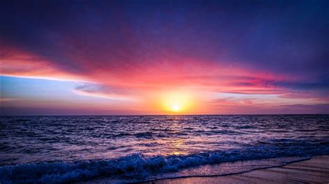 Seascape 4k Wallpaper Seashore Sunset Ocean Waves Beach Purple Sky