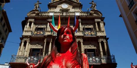 Topless Protesters Assemble At Bullfighting Event In Pamplona Spain