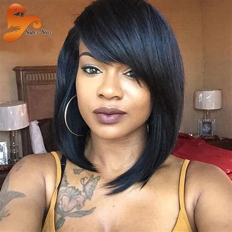 Short Bob Lace Front Human Hair Wigs For Black Women With Side Bangs Glueless Full Lace Front