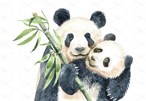 Watercolor Mom And Baby Panda With Bamboo Paint For Baby Etsy