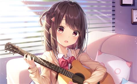 Download 1925x1177 Anime School Girl Playing Guitar Instrument Music