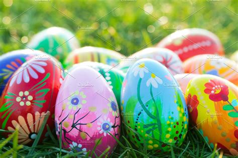 Hand Painted Easter Eggs On Grass High Quality Holiday Stock Photos