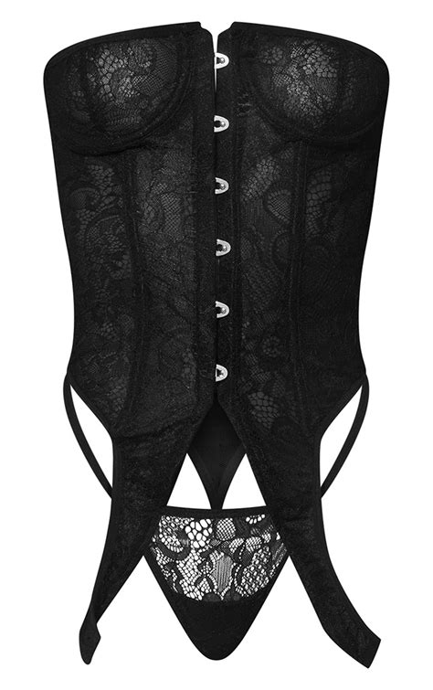 black lace boning longline corset lingerie set prettylittlething ksa
