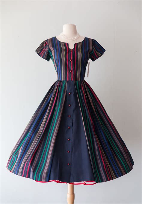 Vintage 1950s Dress 50s Striped Taffeta Full Skirt Party Dress With