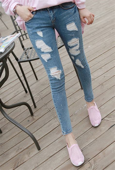 [miamasvin] Ripped And Flecked Skinny Jeans Kstylick Latest Korean Fashion K Pop Styles