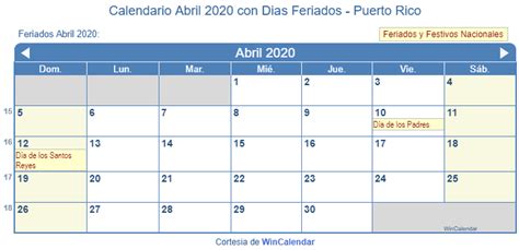 Calendario Abril 2020 Para Imprimir Puerto Rico
