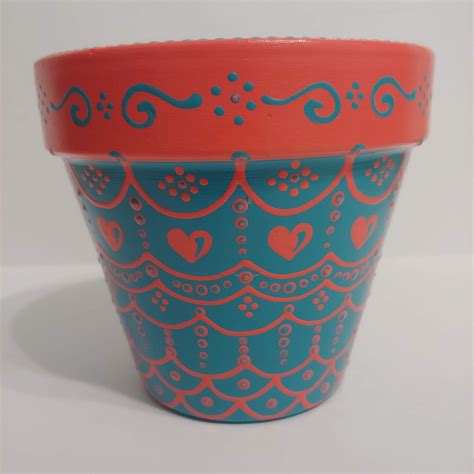 6 Hand Painted Terra Cotta Flower Pot Teal With Coral Etsy Painted