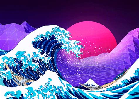 Synthwave Space The Great Wave Off Kanagawa Poster Etsy