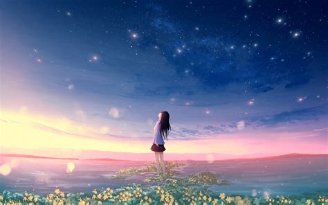Download Wallpaper 1680x1050 Original Sunset Landscape Anime Girl