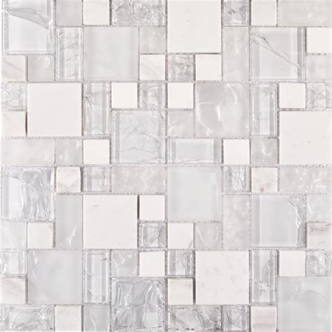 Random Square Pattern White Crackled Glass And Carrara Marble Mosaic Tile