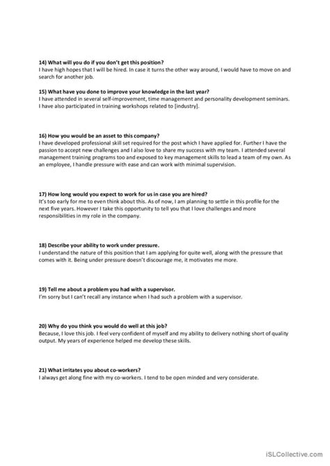 Hr Interview Questions And Answers English Esl Worksheets Pdf And Doc