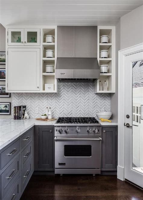 White Upper Cabinets With Distressed Gray Lower Cabinets Contemporary
