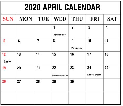 Printable April 2020 Calendar With Holidays Plan Free Printable Calendar