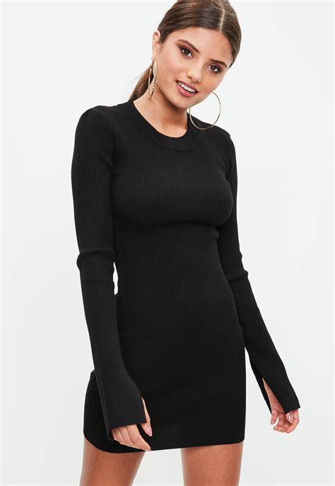 Lyst Missguided Black Long Sleeve Ribbed Knitted Bodycon Dress In Black