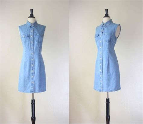 Vintage Denim Dress 1990s Blue Jean Wiggle Dress Snap Front Bodycon