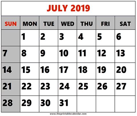 July 2019 Printable Calendars