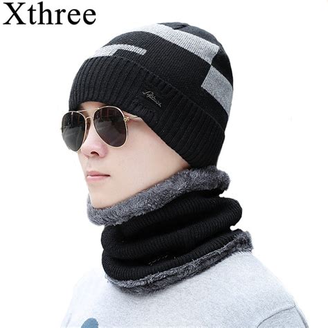 Xthree Winter Mens Skullies Beanies Hat Scarf Set Knitted Hat Cap Male