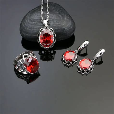 925 Sterling Silver Jewelry Sets Red Stone For Women Earrings Ring