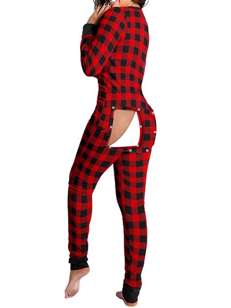 Womens Sexy Butt Button Back Flap Jumpsuit V Neck Long Sleeve Romper Bodycon Christmas Pajamas