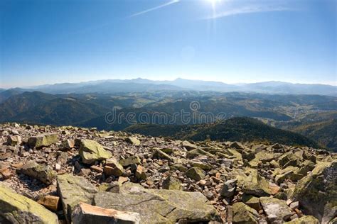 Rocky Mountain Hillside With Big Stone Boulders On Sunny Day Stock