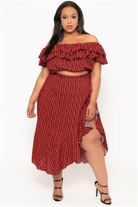 Plus Size Off The Shoulder Crop Top And Wrap Skirt Set Rust Plus Size