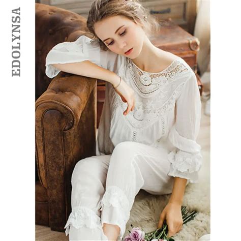 Elegant Women Pajamas Sets Cotton Pants Summer Half Sleeve White Lace Home Clothes Plus Size