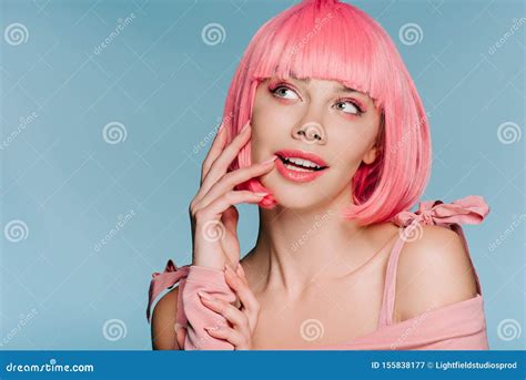 Beautiful Dreamy Girl Posing In Pink Wig Isolated Stock Image Image Of Girl Copyspace 155838177