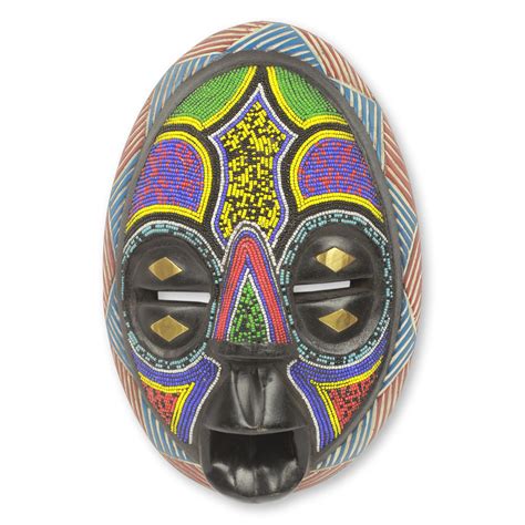 Unicef Uk Market Beaded Black Wood African Mask With Brass Inlay