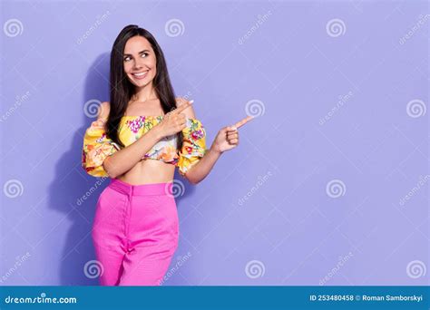 Portrait Of Gorgeous Positive Person Look Indicate Fingers Empty Space