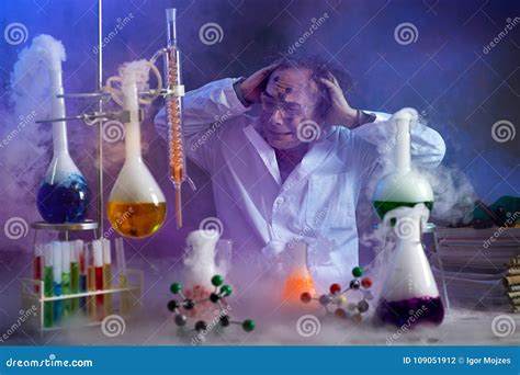 Disappointed Chemist Looking In His Failed Experiment Stock Photo