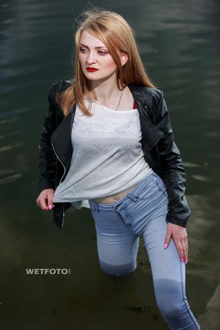 Wetlook By Cute Girl In Leather Jacket And Wet Skinny Jeans In Lake