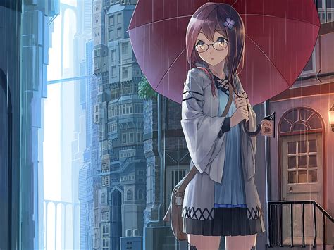 2880x1800 Anime Girl Yellow Eyes Rain Umbrella Macbook Pro Retina
