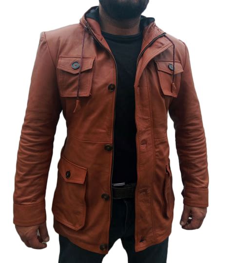 Mens Brown Hooded Long Jacket Men Multi Pockets Leather Jacket Mens