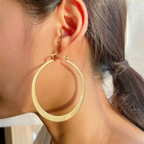 Large Gold Hoops Mm Gold Plated Hoop Earrings Flat Etsy