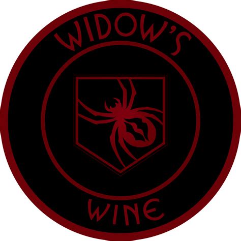 The Widows Wine Logo On A Black And Red Circle With An Orange Spider