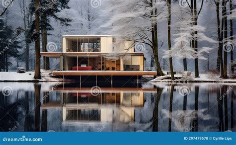 Luxurious Mansion Reflecting in a Lake. Generative Ai Stock