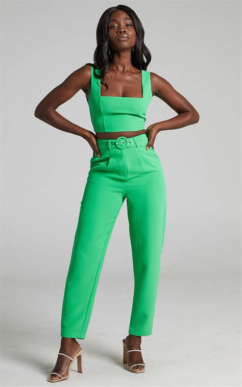 reyna two piece set crop top and tailored pants in green showpo