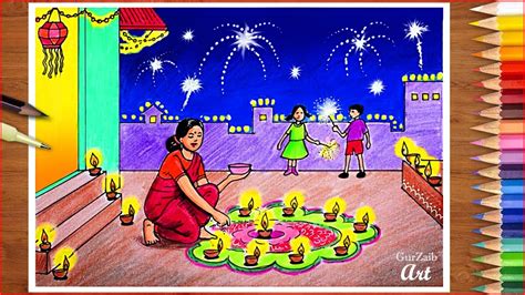 Festivals are organized to unite people and to provide entertainment. How to draw Happy Diwali scene drawing || An Indian ...