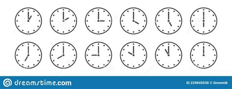 Set Of Clocks Indicating The Time Every Hour Vector Illustration For