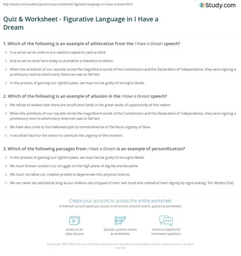 The answers to that question have been. Quiz & Worksheet - Figurative Language in I Have a Dream ...