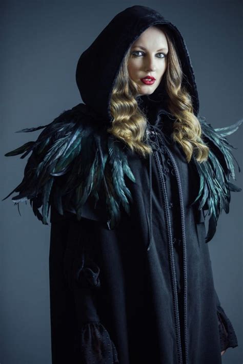 Hooded Black Cloak With Removable Feather Accent Cape Warm Etsy