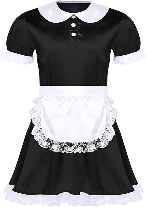 Aislor Mens Sissy Frilly Satin Flutter French Maid Uniform Crossdressing Short Sleeves Dress