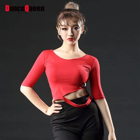 2017 Hot Sexy Latin Dance Shirt For Ladies Red Black Ice Silk Tops Wear Roupa Social Feminina
