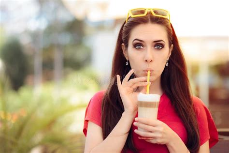 Summer Girl And Sipping Coffee Drink Trough A Straw Stock Photo Image