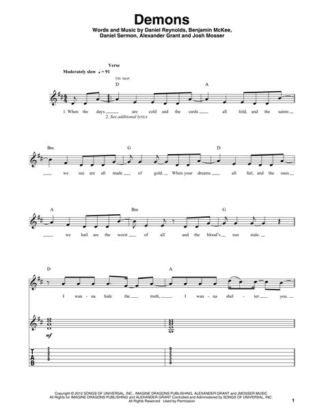 Demons Sheet Music Imagine Dragons Guitar Tab Single Guitar